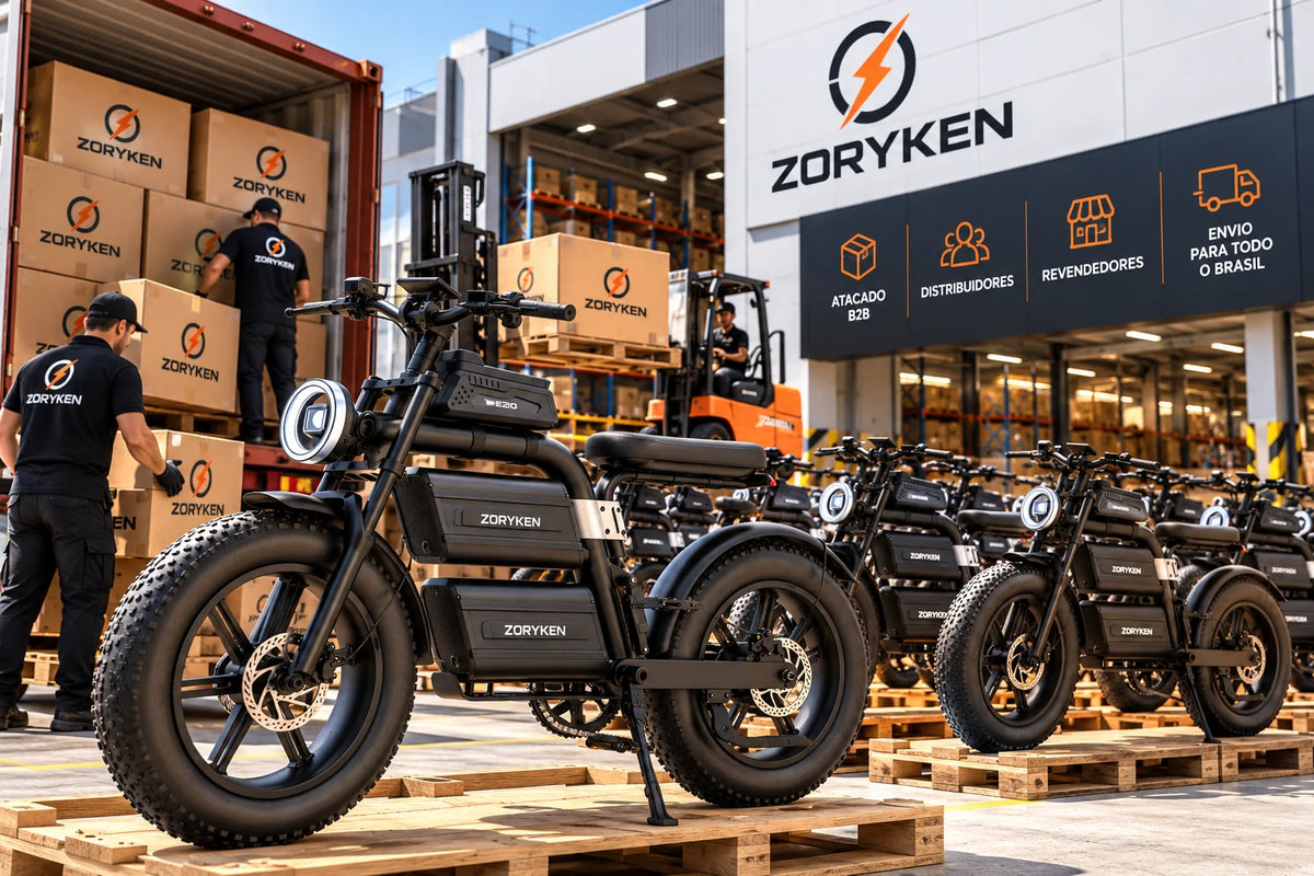 Bicicletas elétricas ZORYKEN E20 Plus Fat Tire em cenário de fornecimento B2B com múltiplas unidades, pallets e operação logística