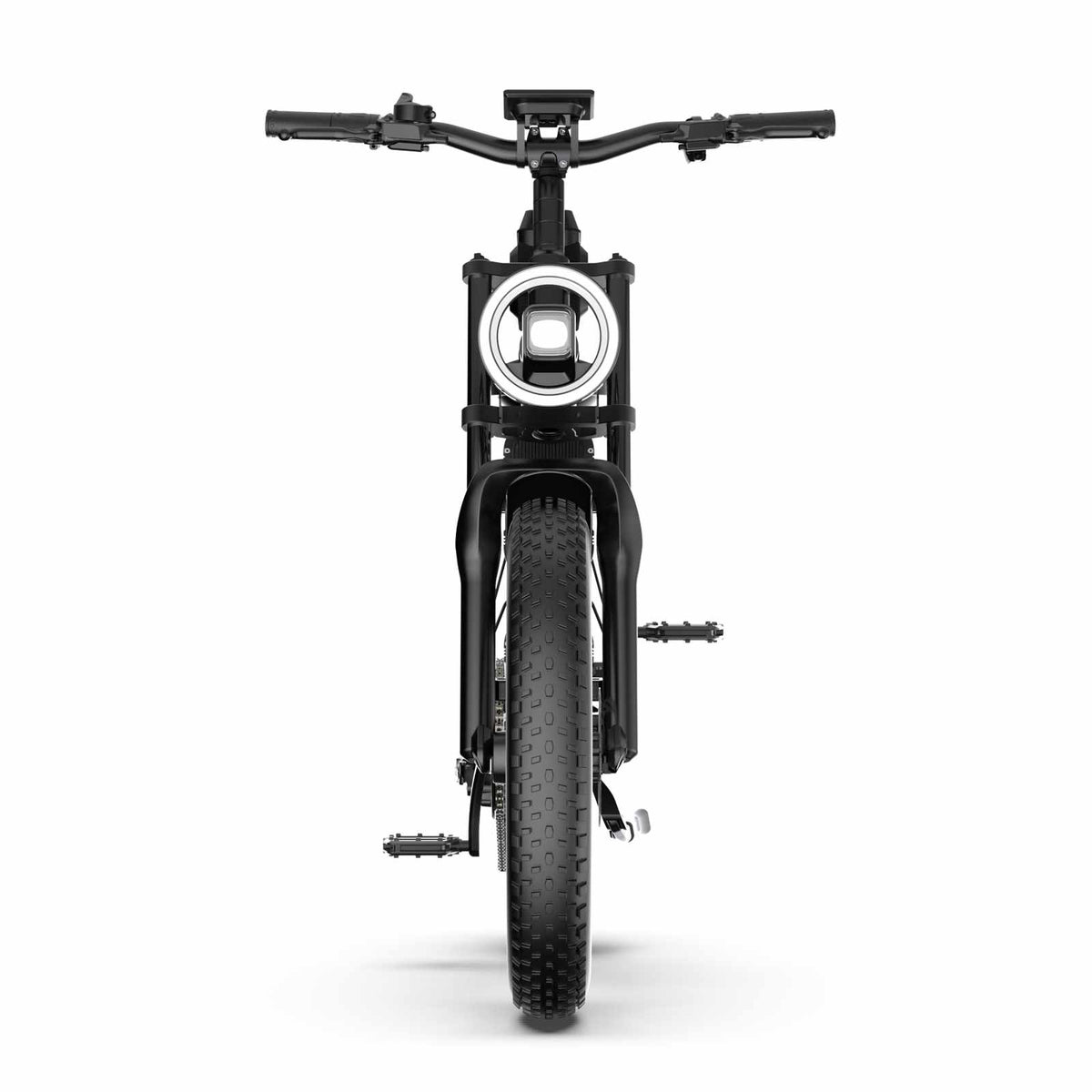 ZORYKEN E20 Plus bicicleta elétrica vista de frente, com pneu Fat 20×4.0 e farol dianteiro circular