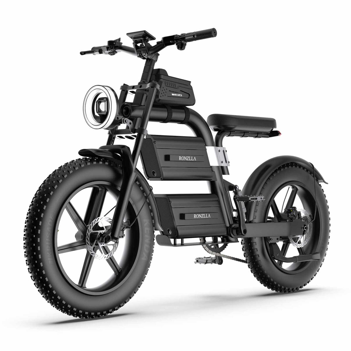 ZORYKEN E20 Plus bicicleta elétrica Fat Tire preta em vista frontal de três quartos, com pneus 20×4.0 e farol dianteiro