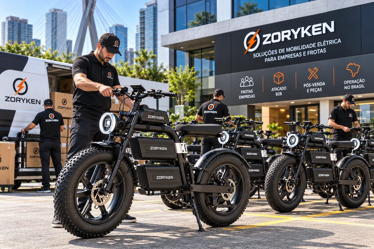 Frota de bicicletas elétricas ZORYKEN E20 Plus Fat Tire em cenário empresarial com várias unidades e equipe de operação