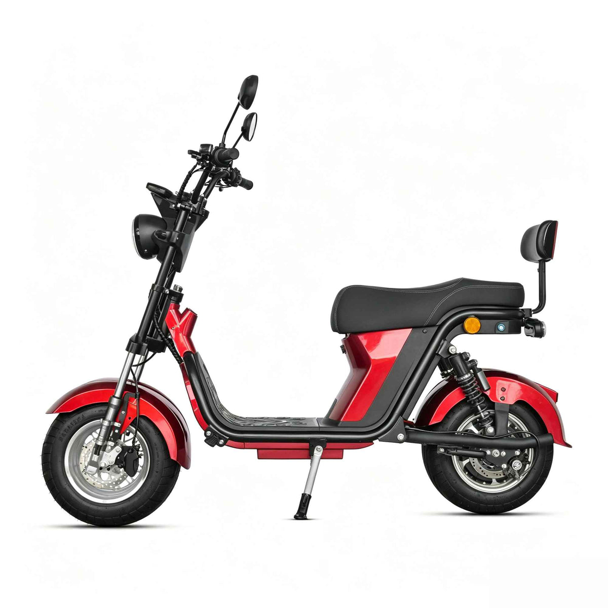 Perfil lateral esquerdo da scooter elétrica ZORYKEN M8-2000 de 32 km/h, detalhando os amortecedores hidráulicos dianteiros e chassi robusto.