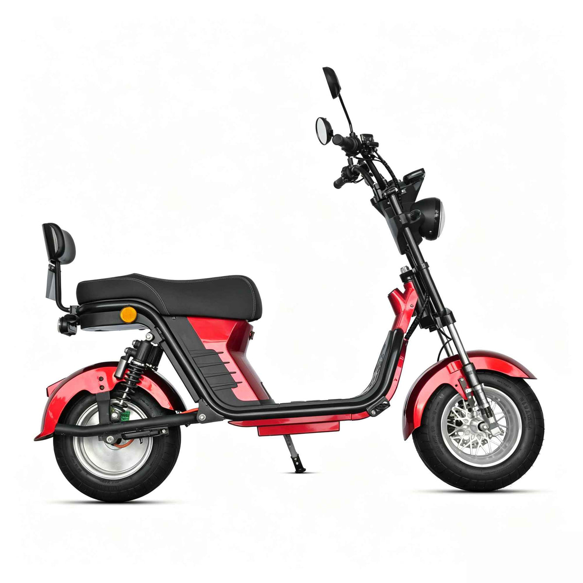 Vista de perfil lateral direito da moto elétrica ZORYKEN M8-2000 com bateria de 60V 24Ah, duplo amortecedor traseiro e amplo espaço para os pés.