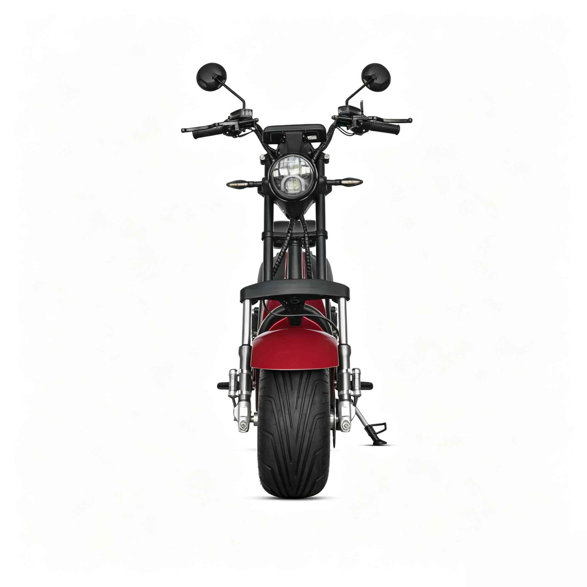 Visão frontal da scooter elétrica ZORYKEN M8-2000 em vermelho metálico, destacando o pneu largo, farol redondo de LED e guidão com retrovisores.