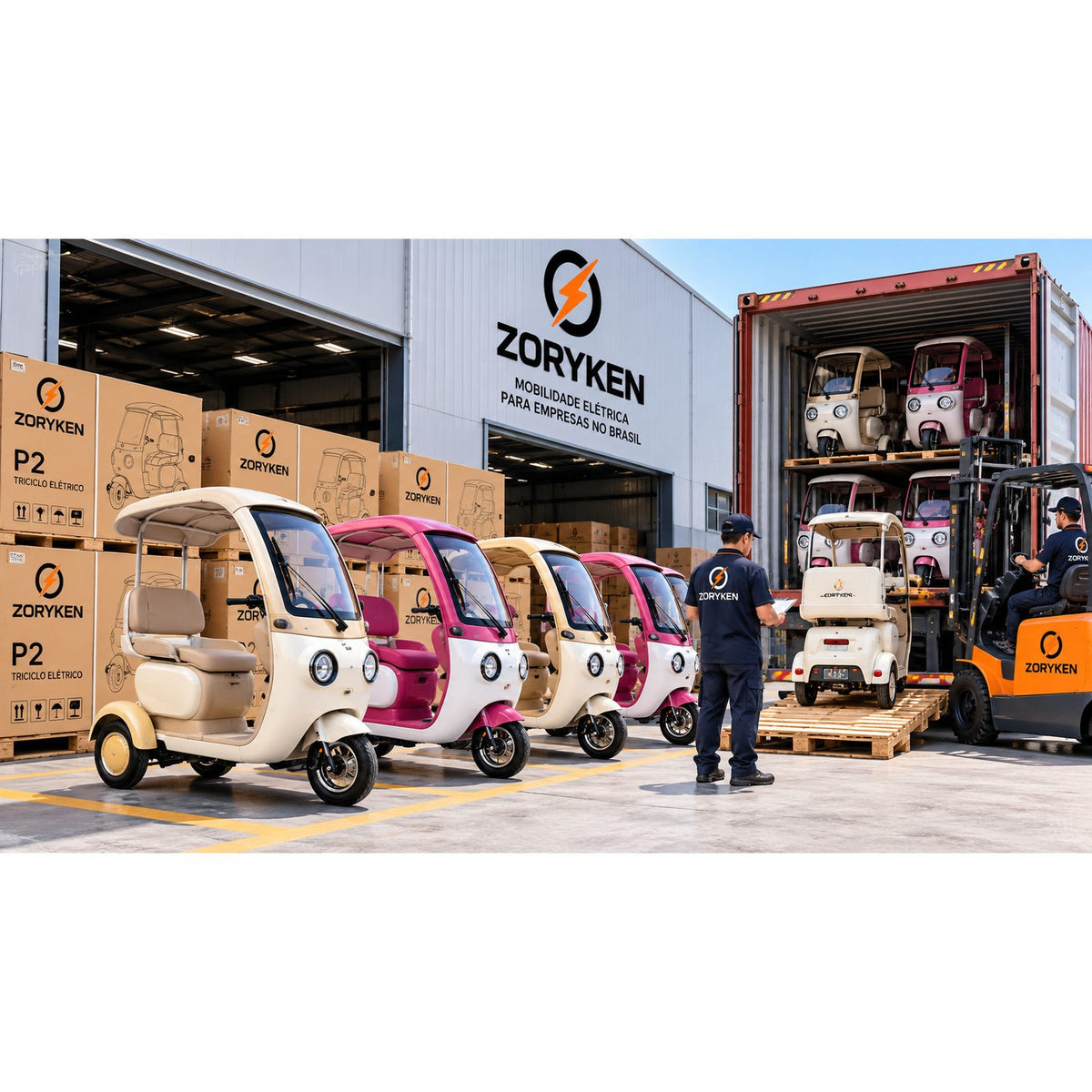 Triciclos elétricos ZORYKEN P2 em operação de fornecimento B2B, atacado e carregamento para compras em volume