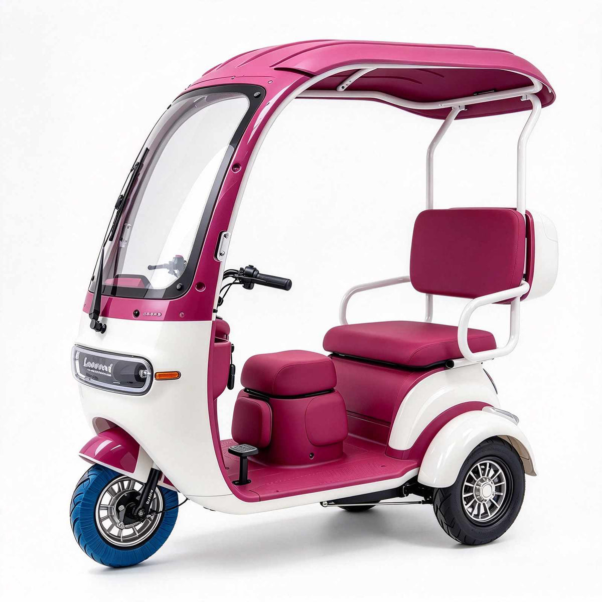 Triciclo elétrico ZORYKEN P2 para uso B2B, em acabamento vermelho e branco, com cobertura, para-brisa e assento com encosto
