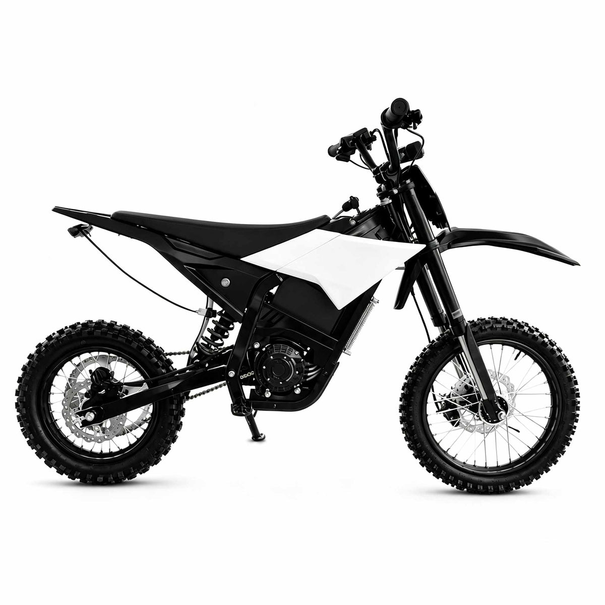 ZORYKEN Q1 moto elétrica off-road em vista lateral, com carenagem bicolor, estrutura do quadro e conjunto de rodas visíveis – Veículos Elétricos ZORYKEN
