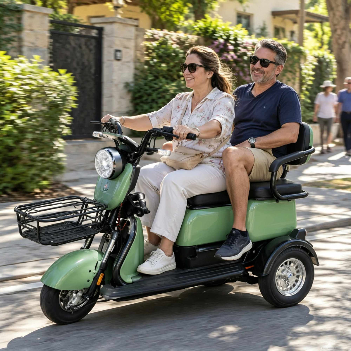 Casal de meia-idade andando em um triciclo elétrico verde ZORYKEN S3 em uma rua residencial arborizada, destacando o uso para lazer, segurança e mobilidade em condomínios fechados.