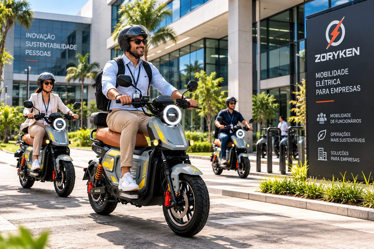 Funcionários utilizando scooters elétricas ZORYKEN U2 em ambiente corporativo para mobilidade interna e deslocamentos empresariais