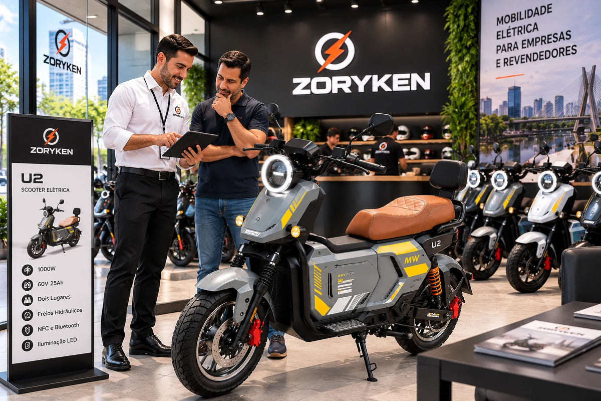 ZORYKEN U2 scooter elétrica cinza em showroom B2B com revendedor, equipe comercial e scooters elétricas em exposição