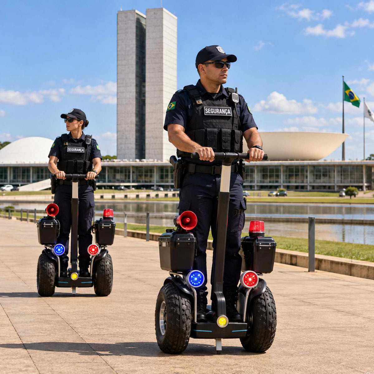 Dois agentes de segurança em diciclos elétricos de autoequilíbrio ZORYKEN X60, com sinalizadores e pneus largos, patrulhando em frente ao Congresso Nacional em Brasília.