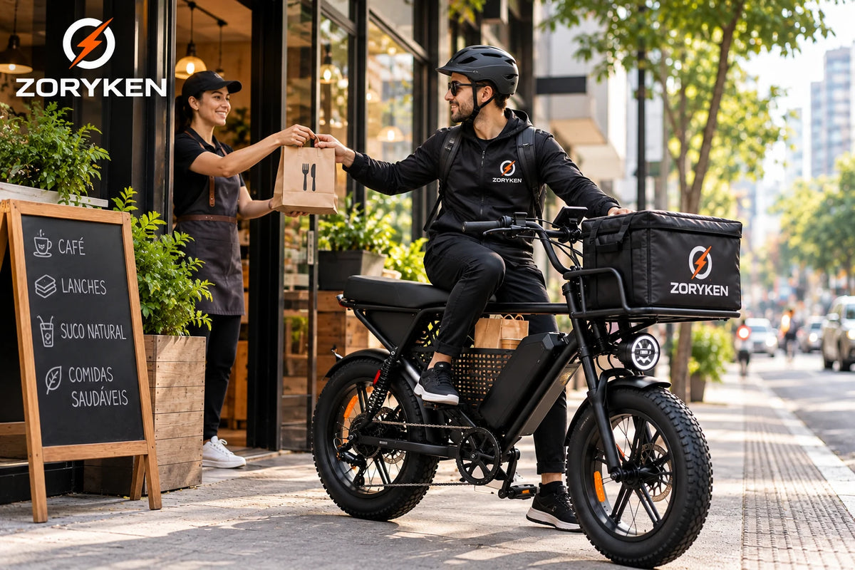 ZORYKEN X8 bicicleta elétrica de carga em operação de delivery urbano com mercadorias no bagageiro dianteiro