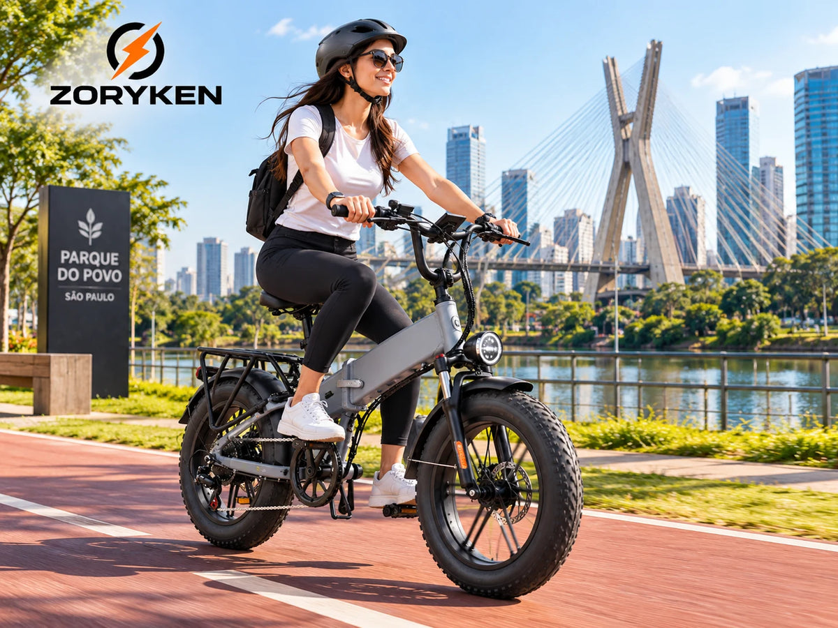 ZORYKEN X9 bicicleta elétrica dobrável com pneus Fat em ciclovia urbana em São Paulo