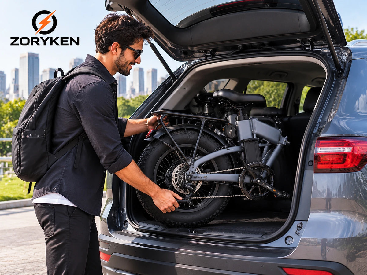 ZORYKEN X9 bicicleta elétrica dobrável com pneus Fat sendo colocada no porta-malas de um carro
