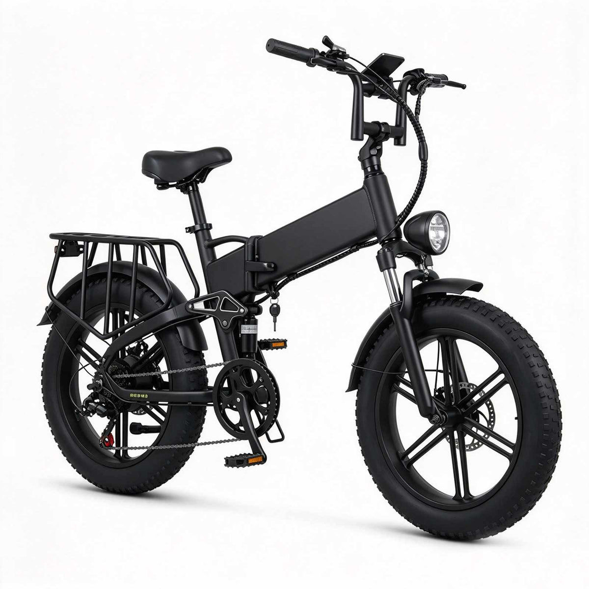 ZORYKEN X9 bicicleta elétrica dobrável preta com pneus Fat 20×4.0, farol dianteiro e bagageiro traseiro
