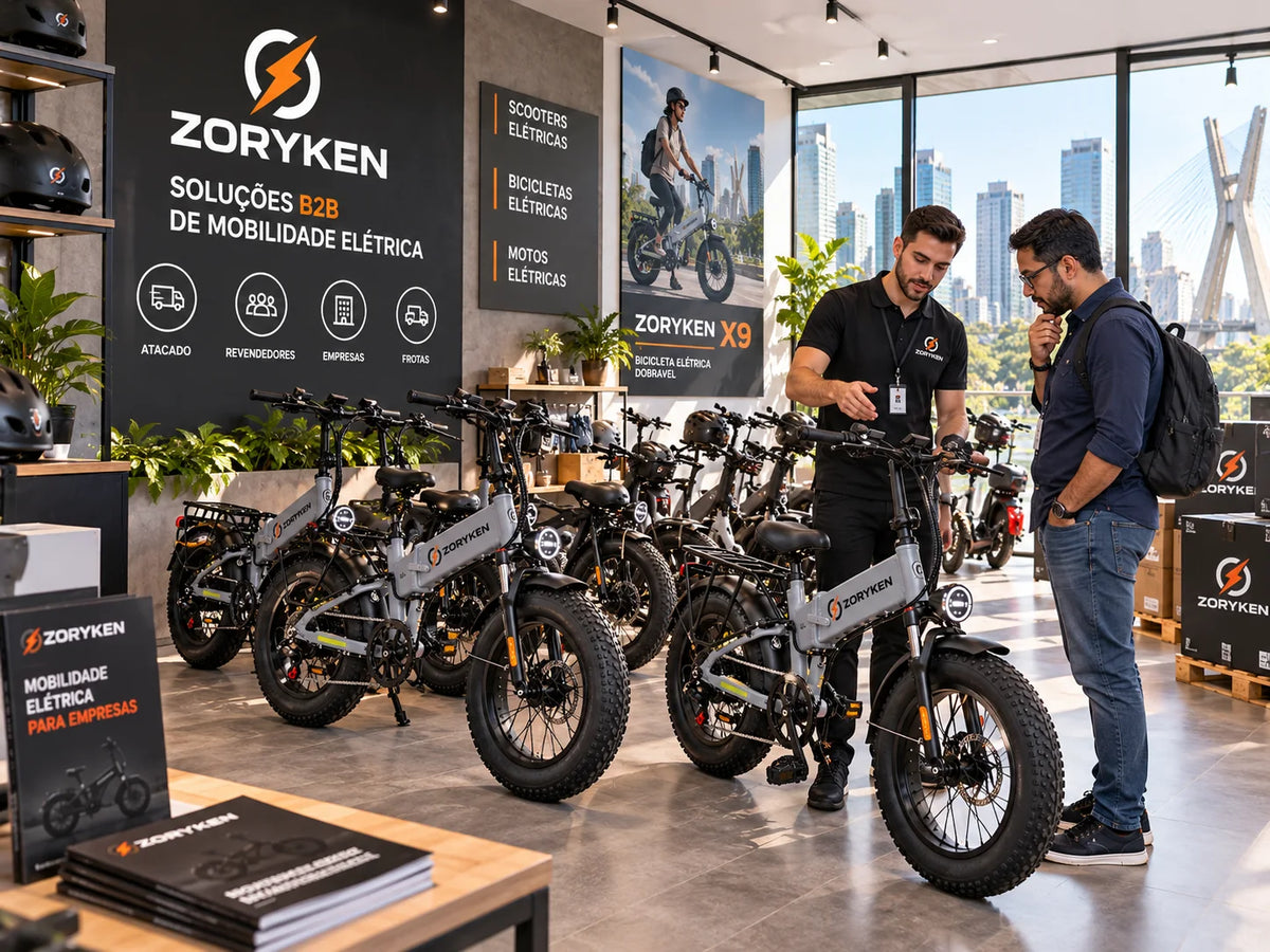 Bicicletas elétricas dobráveis ZORYKEN X9 em showroom B2B para revendedores e empresas em São Paulo