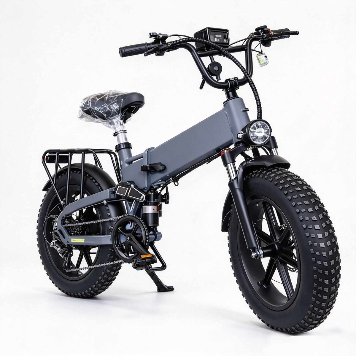 ZORYKEN X9 bicicleta elétrica dobrável cinza com pneus Fat 20×4.0, suspensão dianteira e traseira e bagageiro traseiro