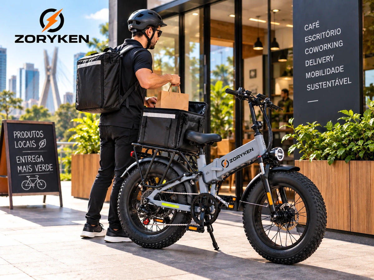 ZORYKEN X9 bicicleta elétrica dobrável com pneus Fat e bagageiro traseiro em operação comercial urbana em São Paulo