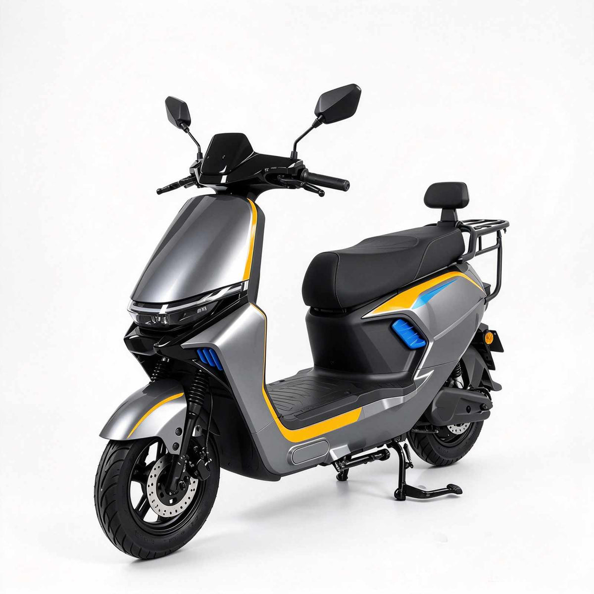 Scooter elétrica ZORYKEN Y2 para atacado B2B, em acabamento cinza e amarelo, com retrovisores, freio a disco dianteiro e bagageiro traseiro