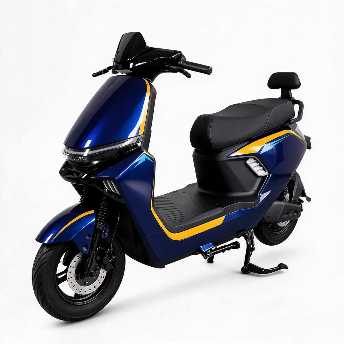 Scooter elétrica ZORYKEN Y2 para fornecimento B2B, em acabamento azul e amarelo, com freio a disco dianteiro e encosto traseiro