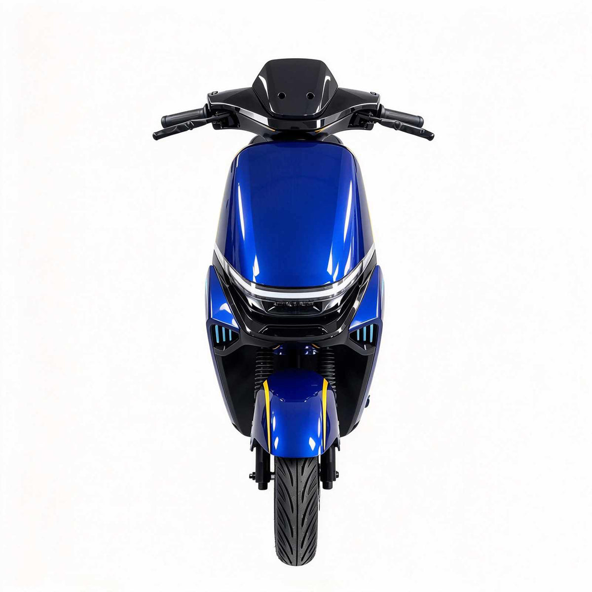 Vista frontal da scooter elétrica ZORYKEN Y2 para fornecimento B2B, em acabamento azul, com conjunto de iluminação dianteira e suspensão