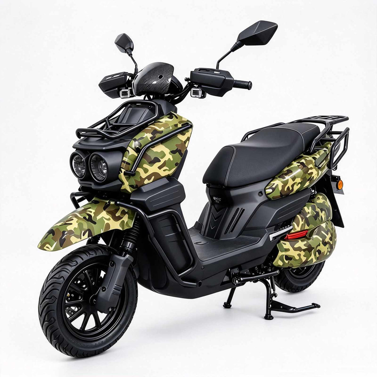 Scooter elétrica ZORYKEN Y3 TANK para atacado B2B, com acabamento camuflado, faróis duplos, proteções tubulares e bagageiros