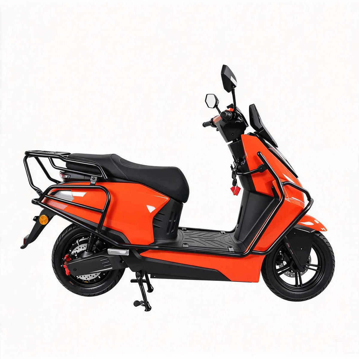 Vista lateral da scooter elétrica ZORYKEN Y4 para atacado B2B, em acabamento laranja e preto, com freios a disco, proteções tubulares e bagageiro traseiro