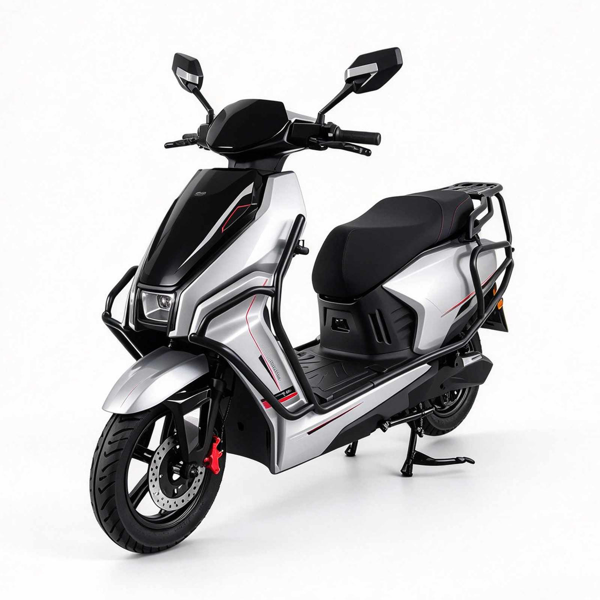 Scooter elétrica ZORYKEN Y4 para fornecimento B2B no Brasil, em acabamento prata e preto, com freio a disco dianteiro, proteções tubulares e bagageiro traseiro