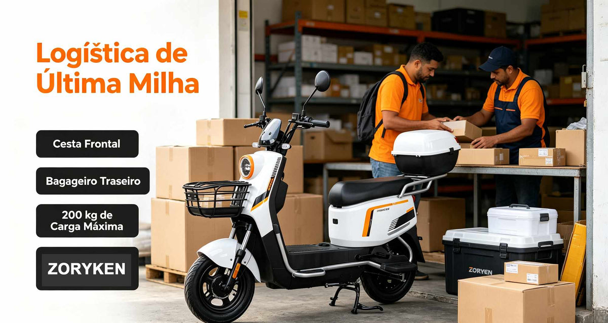 Scooter elétrica ZORYKEN Z4 branca estacionada em um galpão logístico, com dois trabalhadores ao fundo organizando caixas de papelão. O texto destaca "Logística de Última Milha", "Cesta Frontal", "Bagageiro Traseiro" e "200 kg de Carga Máxima".