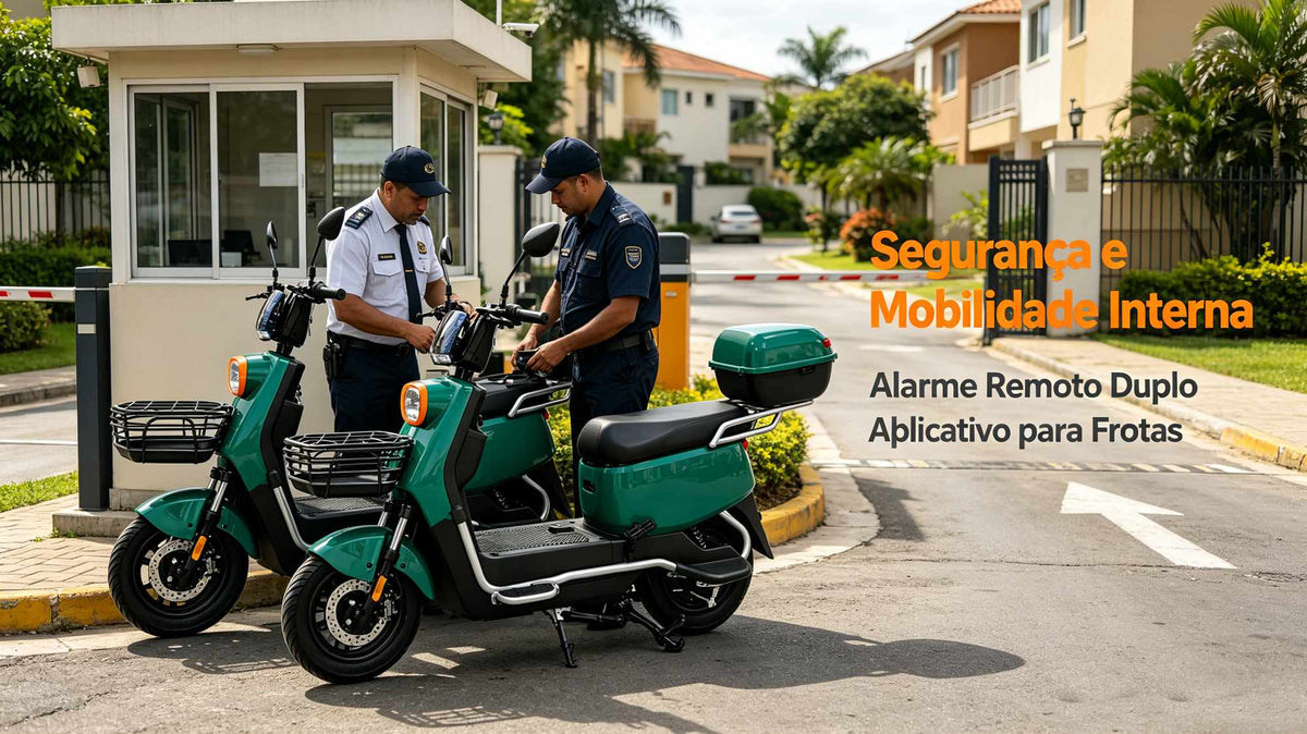 Dois agentes de segurança de uniforme ao lado de duas scooters elétricas ZORYKEN Z4 verdes na entrada de um condomínio fechado. O texto à direita destaca "Segurança e Mobilidade Interna", "Alarme Remoto Duplo" e "Aplicativo para Frotas".