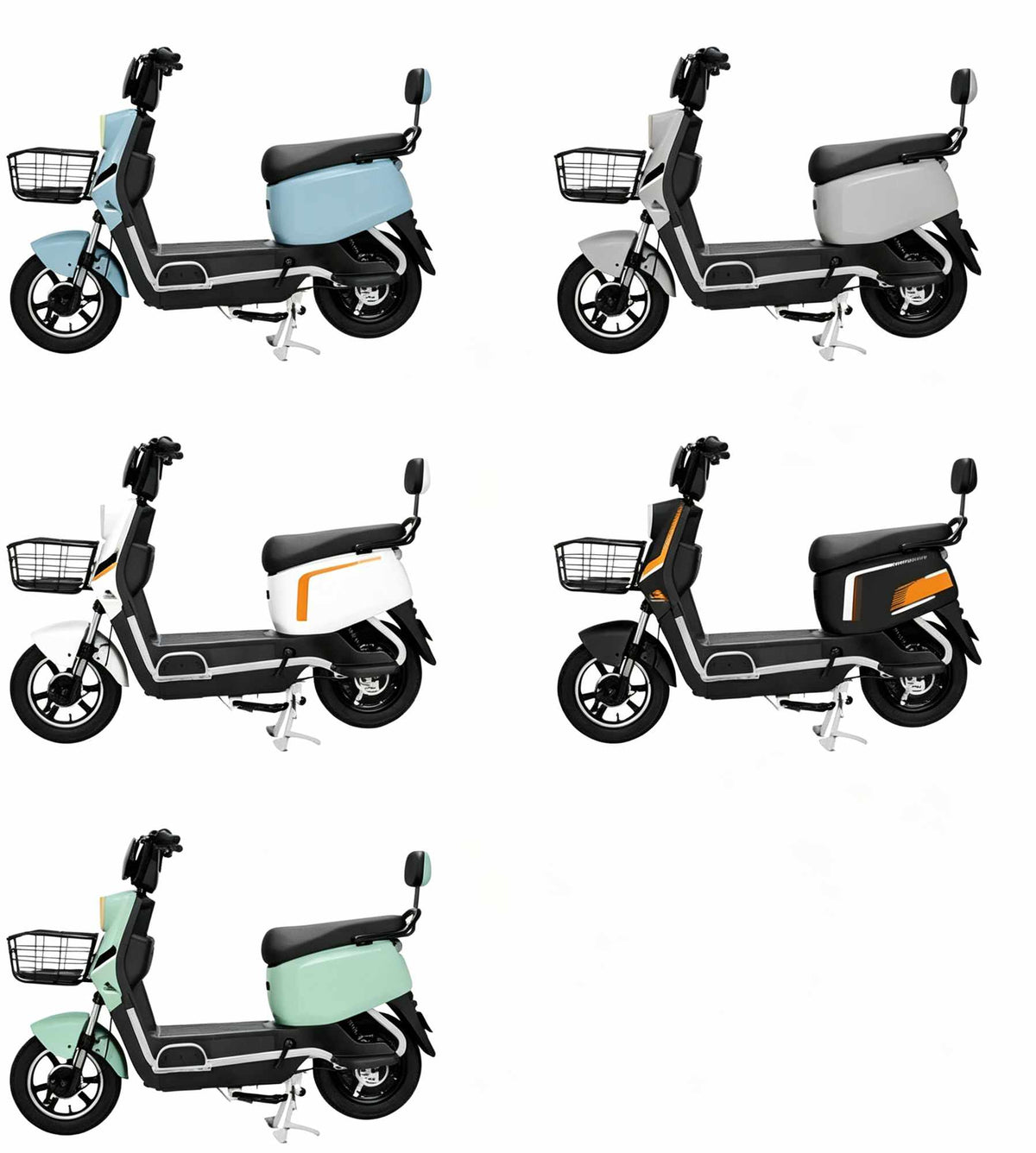Cinco ilustrações de perfil da scooter elétrica ZORYKEN Z4 exibindo diferentes opções de cores: azul claro, cinza escuro, branco com detalhes em laranja, preto com listras laranjas e verde claro. Todas apresentam cesta frontal, banco preto e encosto traseiro.