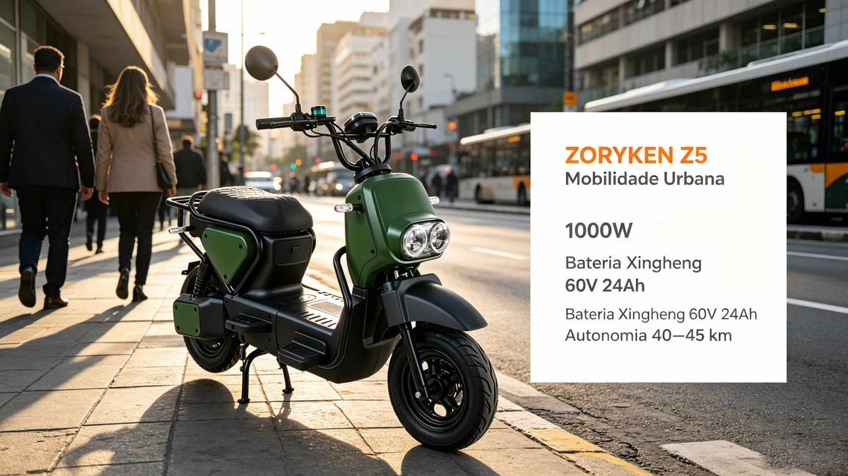 Scooter elétrica ZORYKEN Z5 verde-militar estacionada na calçada de uma avenida movimentada, com pedestres ao fundo. À direita, um quadro informativo branco destaca o texto "ZORYKEN Z5 Mobilidade Urbana", motor de 1000W, bateria de lítio Xingheng 60V 24Ah e autonomia de 40–45 km.