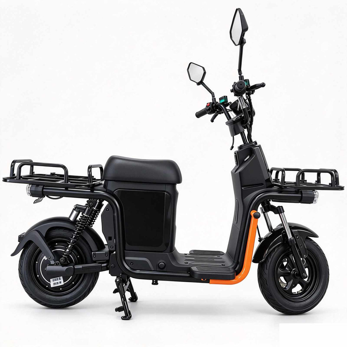Scooter elétrica ZORYKEN Z7 para delivery com estrutura de carga dianteira e traseira, vista lateral