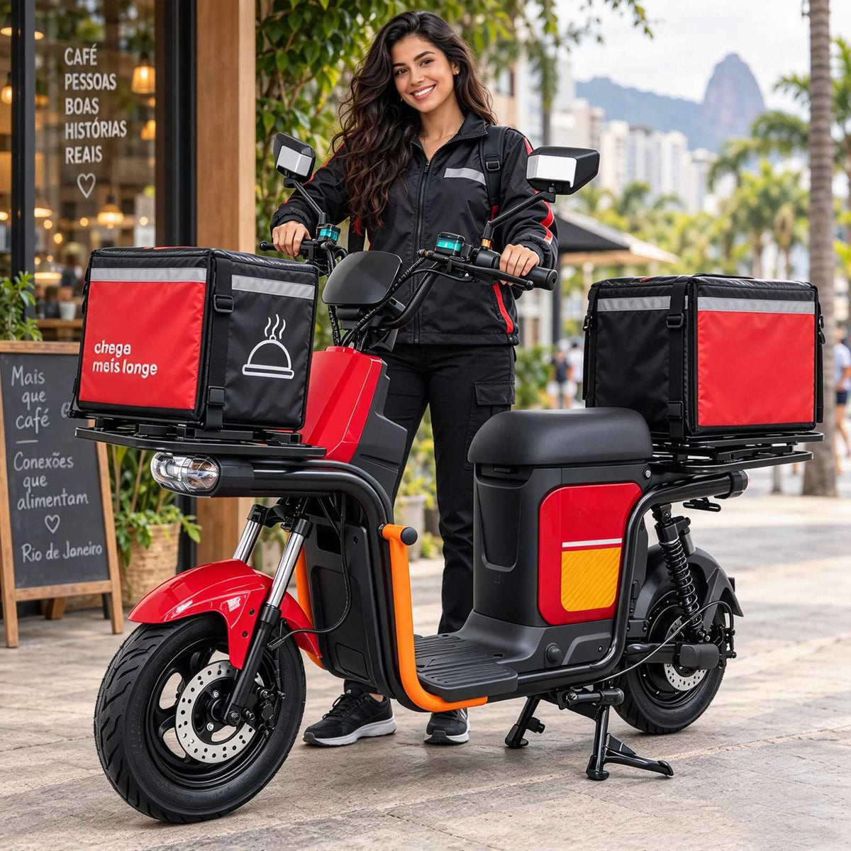 Scooter elétrica ZORYKEN Z7 em operação de delivery urbano com caixas de entrega nos racks dianteiro e traseiro