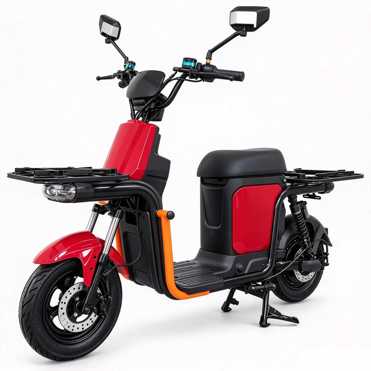 Scooter elétrica ZORYKEN Z7 para delivery com racks de carga dianteiro e traseiro e freios a disco