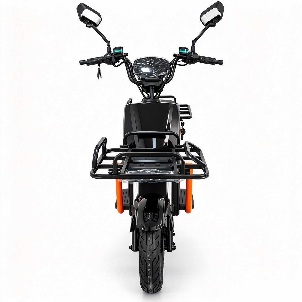 Scooter elétrica ZORYKEN Z7 para delivery, vista frontal com rack de carga, retrovisores e estrutura de proteção