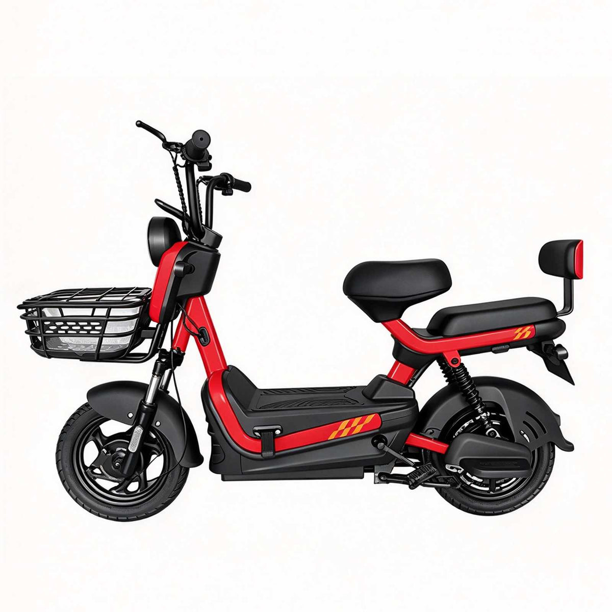 Scooter elétrica ZORYKEN Z8 para operações B2B, com cesta dianteira, assento duplo e encosto traseiro