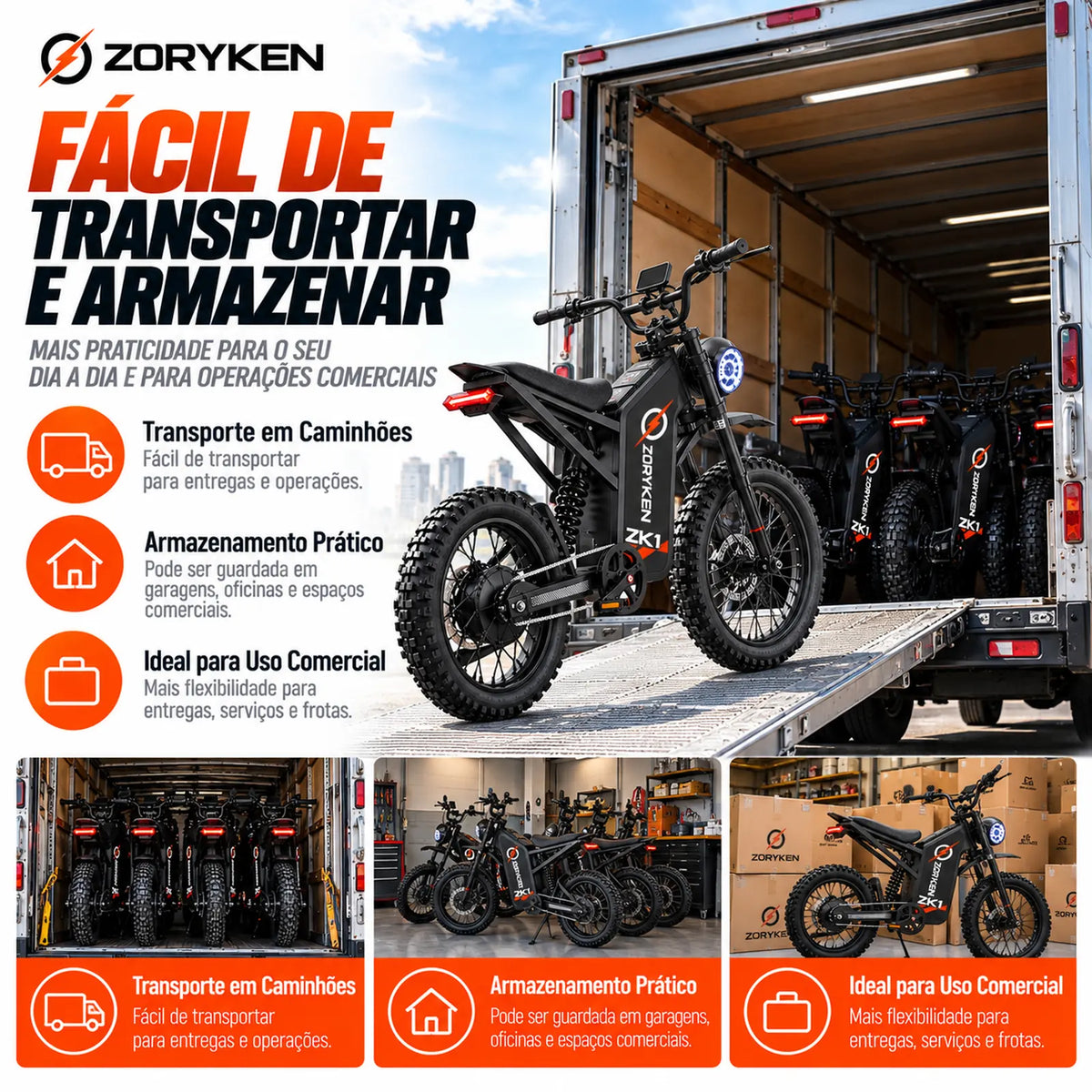 ZORYKEN ZK1 sendo transportadas em caminhão com armazenamento de múltiplas unidades para operações comerciais
