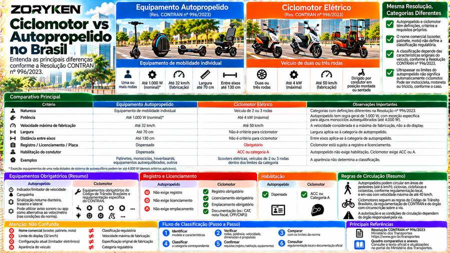Comparativo entre ciclomotor elétrico e equipamento autopropelido no Brasil com potência, velocidade, dimensões, registro e habilitação conforme a Resolução CONTRAN nº 996/2023