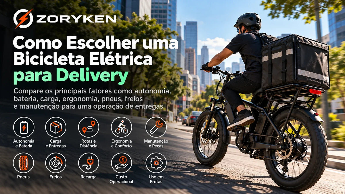 Entregador conduzindo bicicleta elétrica com caixa de carga em rota urbana, com destaque para autonomia, bateria, carga, pneus, freios e manutenção.