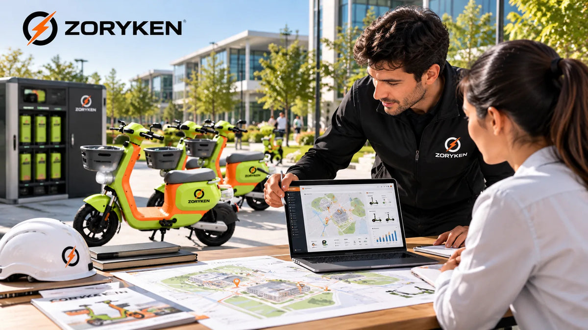 Planejamento de projeto de mobilidade elétrica compartilhada com scooters elétricas ZORYKEN, gestão de frota e infraestrutura de baterias.