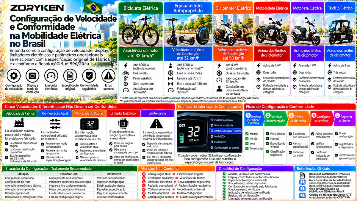 Infográfico sobre configuração de velocidade e conformidade de veículos elétricos no Brasil, diferenciando velocidade de fábrica, configuração atual, display, limitador eletrônico e limite da via