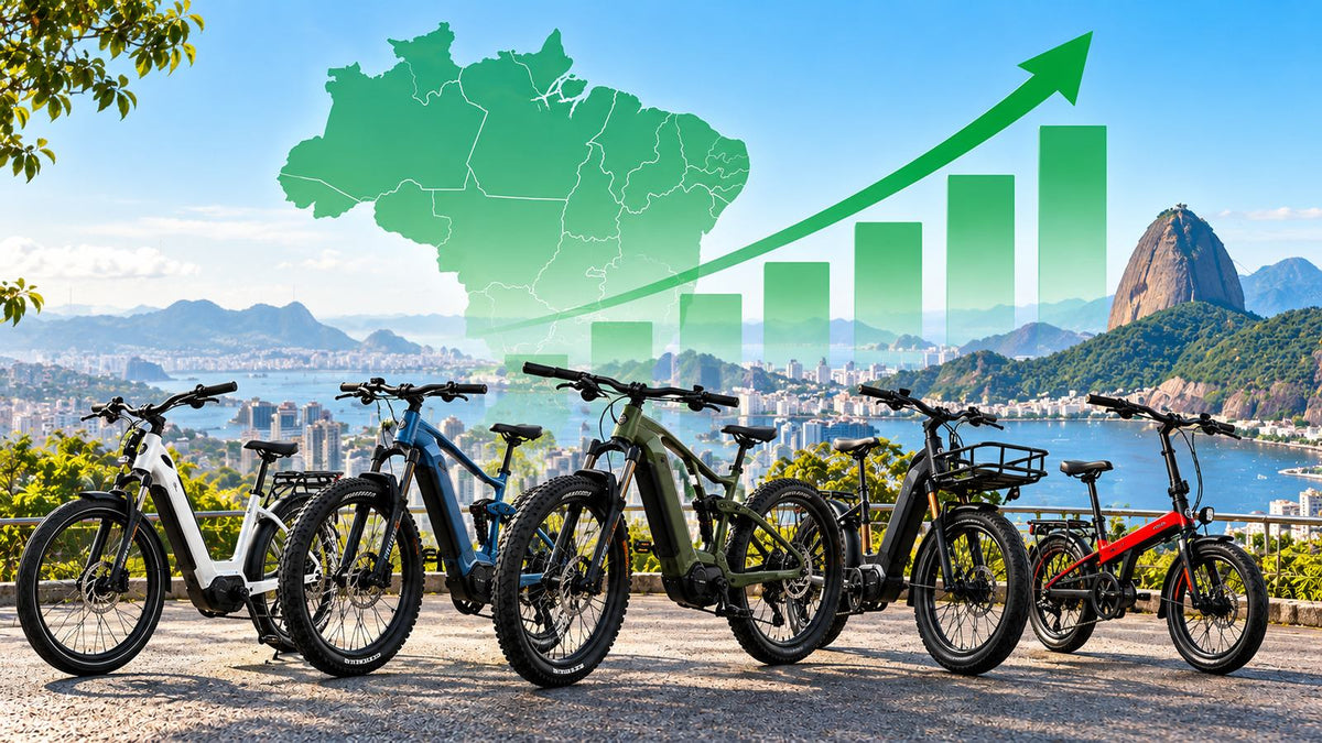 Bicicletas elétricas no Brasil com diferentes modelos e gráfico representando o crescimento do mercado