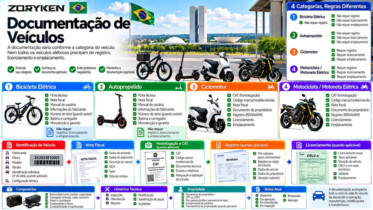 Infográfico sobre documentação de veículos elétricos no Brasil, incluindo identificação, nota fiscal, CAT, RENAVAM, registro, licenciamento, CRLV-e, componentes, propriedade e histórico técnico