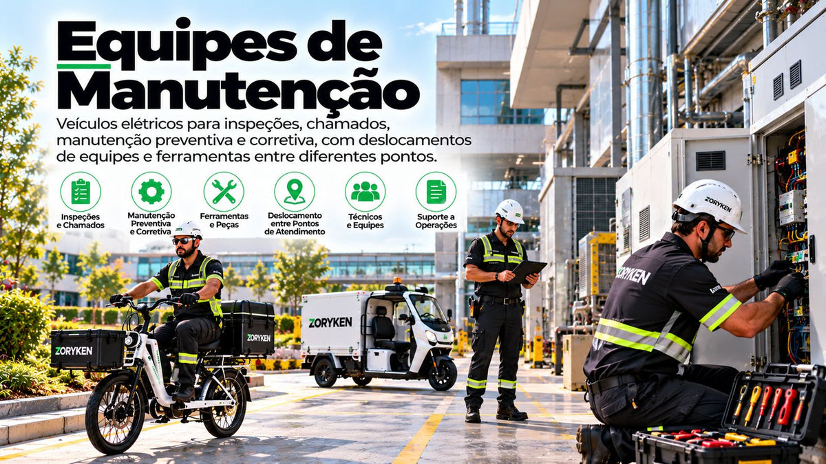 Equipe de manutenção com veículos elétricos, ferramentas e técnicos em inspeção e atendimento operacional