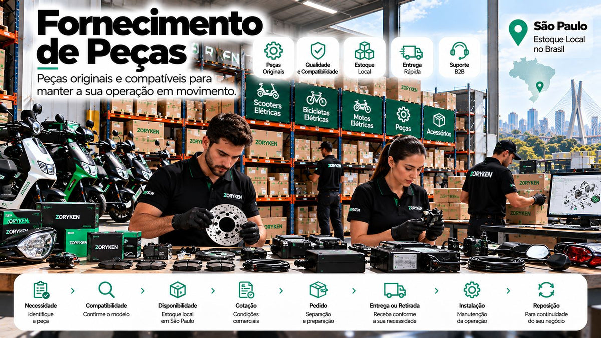 Fornecimento de peças para scooters, bicicletas e motos elétricas com compatibilidade, estoque e suporte B2B ZORYKEN