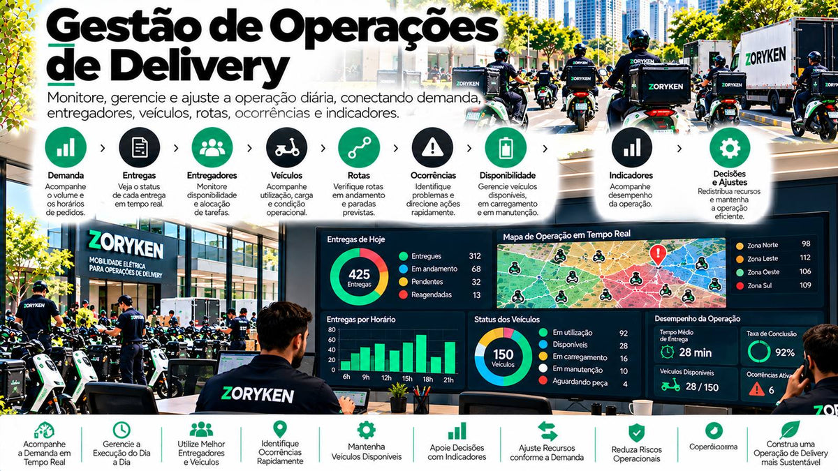 Gestão de operações de delivery com demanda, entregas, entregadores, veículos elétricos, rotas, ocorrências, disponibilidade e indicadores