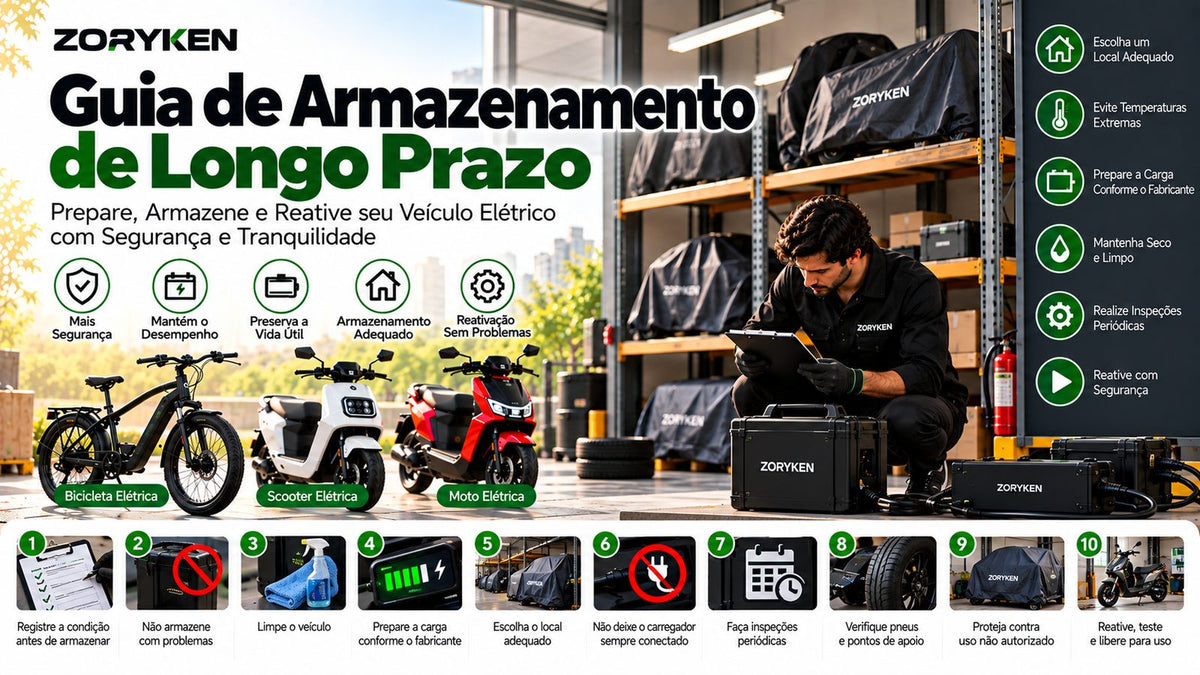 Guia de armazenamento de longo prazo ZORYKEN para preparar, armazenar e reativar bicicletas, scooters e motos elétricas com segurança