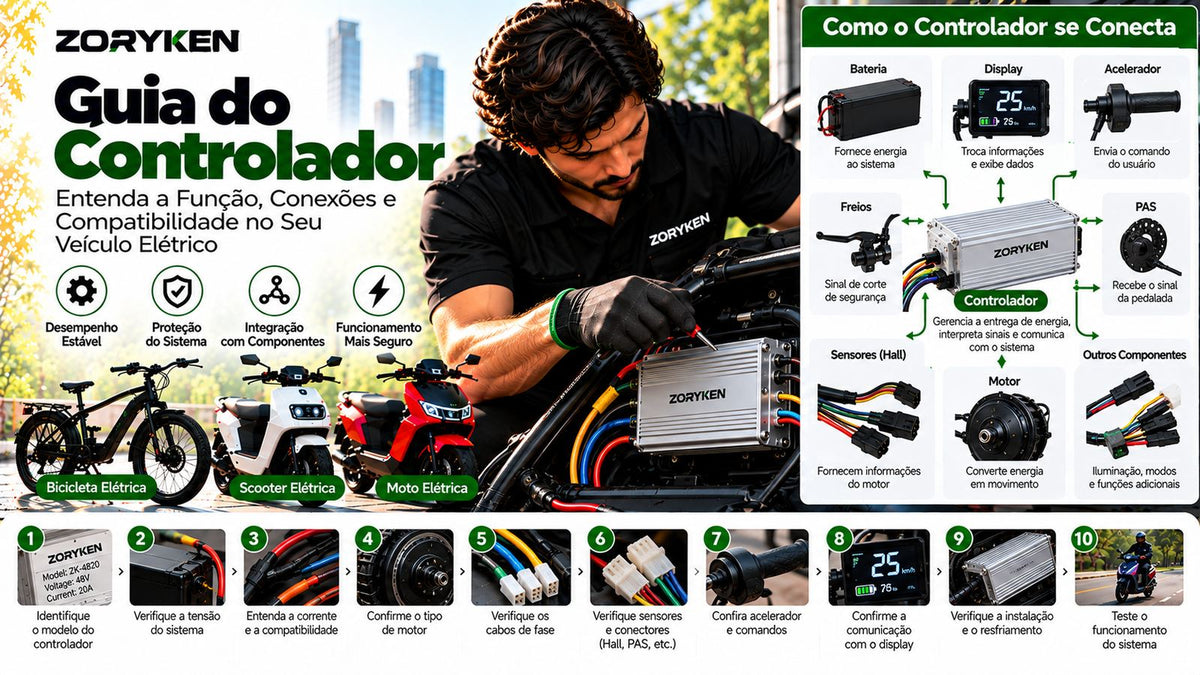 Guia do controlador ZORYKEN para bicicletas, scooters e motos elétricas com bateria, motor, display, acelerador, sensores, freios e conexões