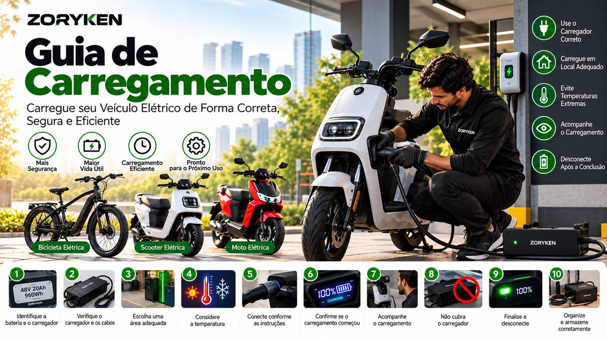 Guia de carregamento ZORYKEN com orientações para carregar bicicletas, scooters e motos elétricas de forma correta e segura