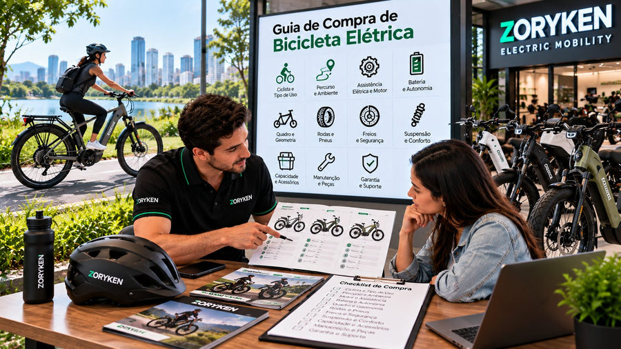 Guia de compra de bicicleta elétrica com ciclista, modelos de e-bike, assistência elétrica, bateria, autonomia, freios e manutenção
